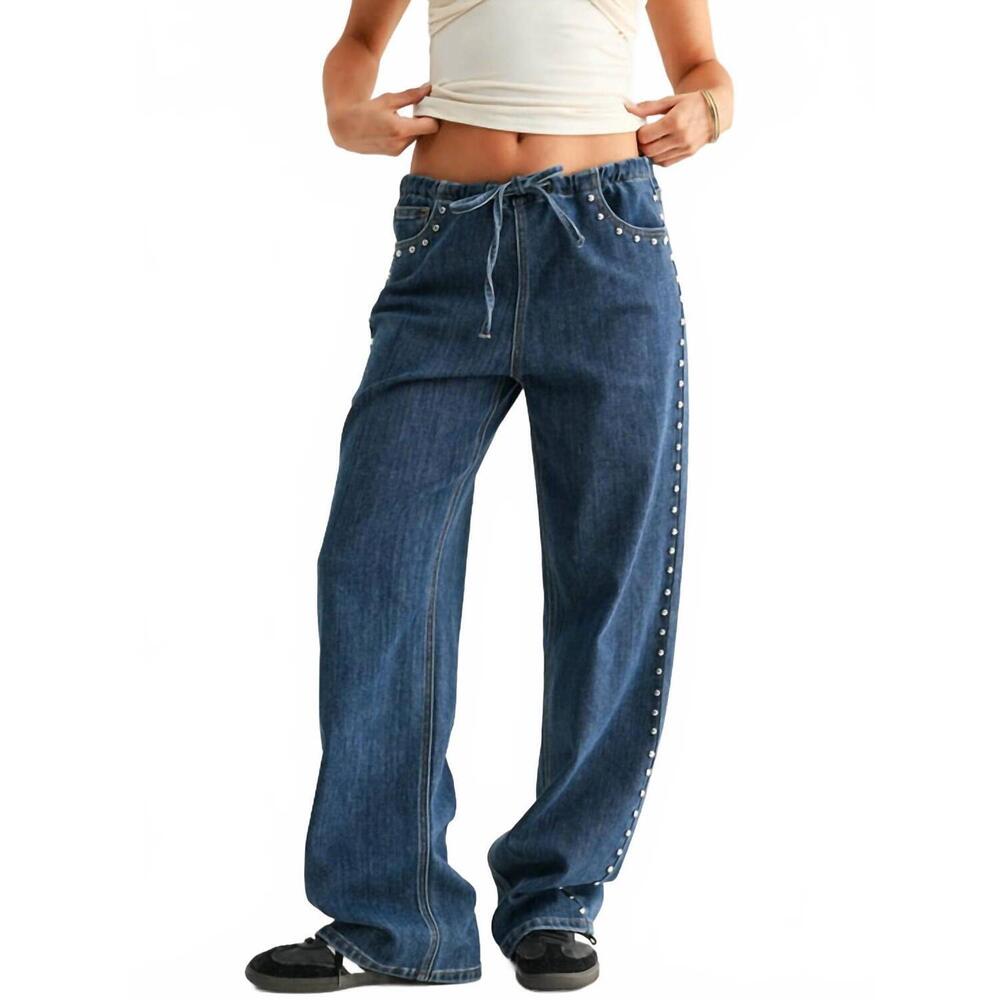NEW JBD. libby studded drawstring wide leg jeans in dark denim
